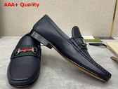 Gucci Mens Loafer with Web in Navy Blue Grain Leather Replica