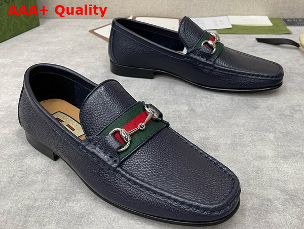 Gucci Mens Loafer with Web in Navy Blue Grain Leather Replica