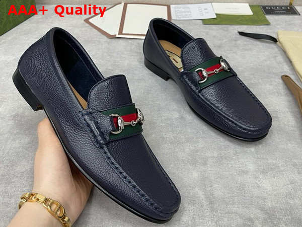 Gucci Mens Loafer with Web in Navy Blue Grain Leather Replica