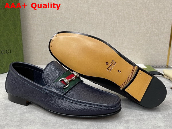 Gucci Mens Loafer with Web in Navy Blue Grain Leather Replica