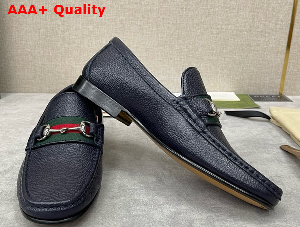 Gucci Mens Loafer with Web in Navy Blue Grain Leather Replica