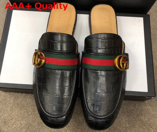 Gucci Mens Princetown Leather Slipper with Double G Black Crocodile Embossed Calfskin Replica