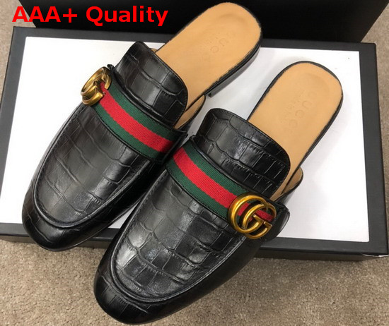 Gucci Mens Princetown Leather Slipper with Double G Black Crocodile Embossed Calfskin Replica