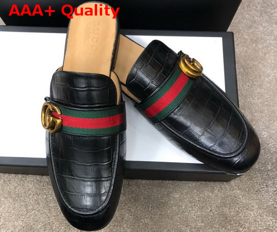 Gucci Mens Princetown Leather Slipper with Double G Black Crocodile Embossed Calfskin Replica