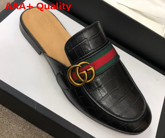 Gucci Mens Princetown Leather Slipper with Double G Black Crocodile Embossed Calfskin Replica