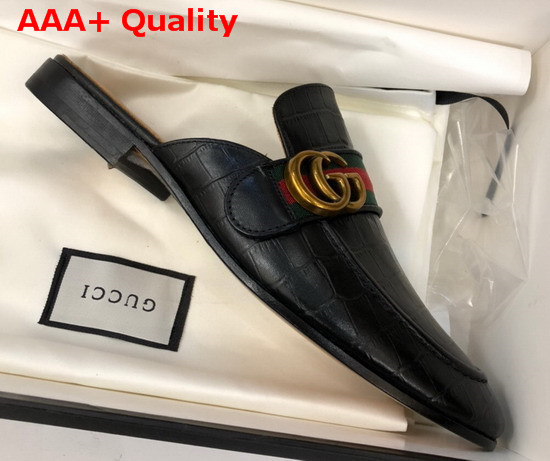 Gucci Mens Princetown Leather Slipper with Double G Black Crocodile Embossed Calfskin Replica