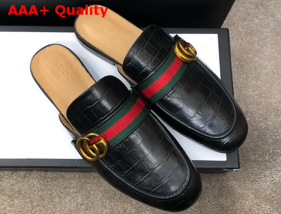 Gucci Mens Princetown Leather Slipper with Double G Black Crocodile Embossed Calfskin Replica