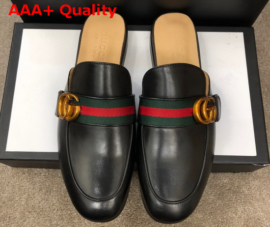 Gucci Mens Princetown Leather Slipper with Double G Black Leather Replica