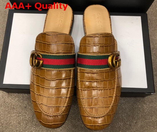 Gucci Mens Princetown Leather Slipper with Double G Brown Crocodile Embossed Calfskin Replica