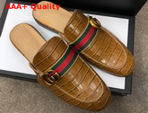 Gucci Mens Princetown Leather Slipper with Double G Brown Crocodile Embossed Calfskin Replica