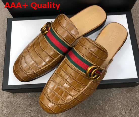 Gucci Mens Princetown Leather Slipper with Double G Brown Crocodile Embossed Calfskin Replica