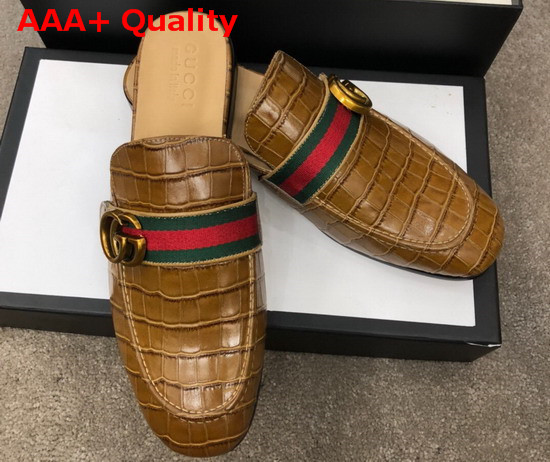 Gucci Mens Princetown Leather Slipper with Double G Brown Crocodile Embossed Calfskin Replica