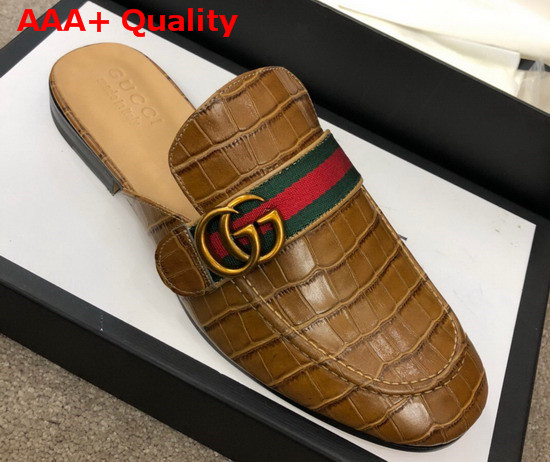 Gucci Mens Princetown Leather Slipper with Double G Brown Crocodile Embossed Calfskin Replica