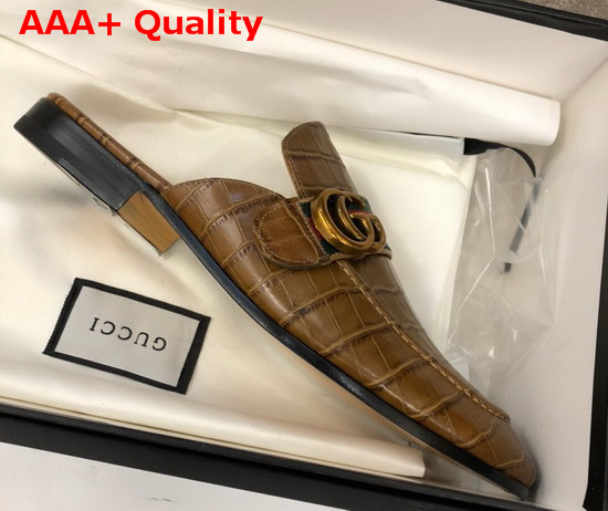 Gucci Mens Princetown Leather Slipper with Double G Brown Crocodile Embossed Calfskin Replica