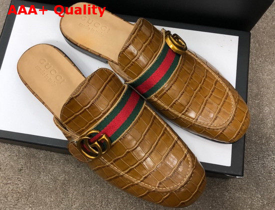 Gucci Mens Princetown Leather Slipper with Double G Brown Crocodile Embossed Calfskin Replica