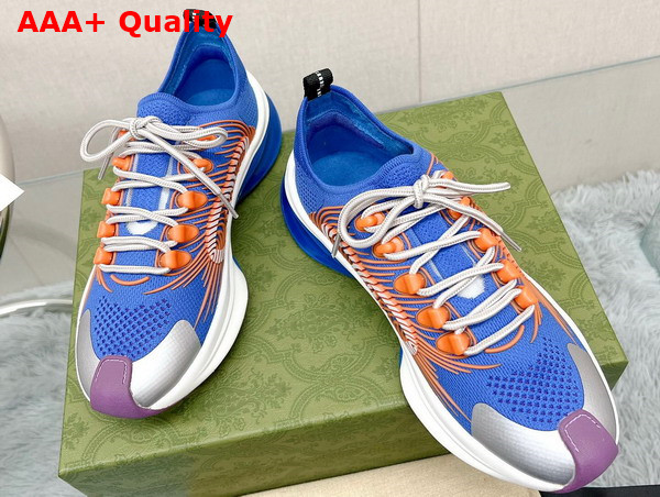 Gucci Mens Run Sneaker in Blue and Orange GG Technical Knit Fabric Replica