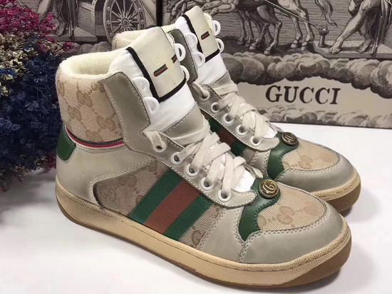 Gucci Mens Screener GG High Top Sneaker Beige Original GG Canvas and Off White Leather 563730