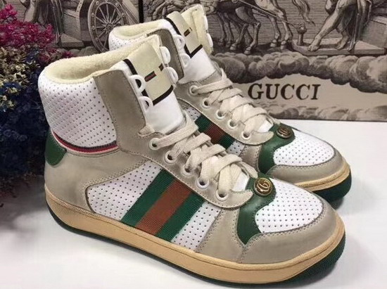 Gucci Mens Screener High Top Sneaker White Perforated and Off White Leather