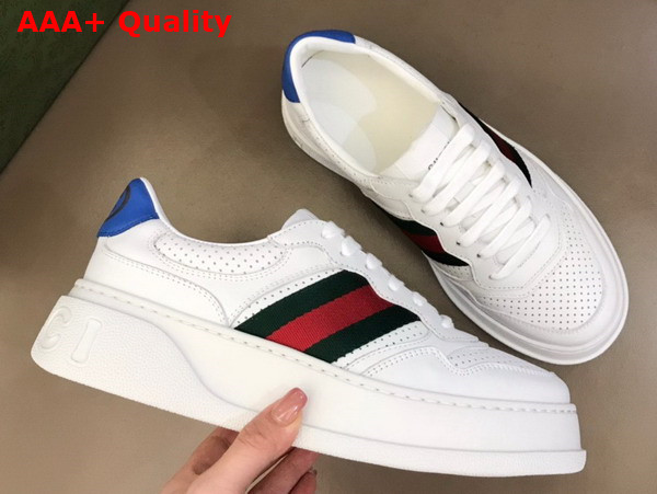 Gucci Mens Sneaker with Web White Leather with Blue Detail at Back 669698 Replica