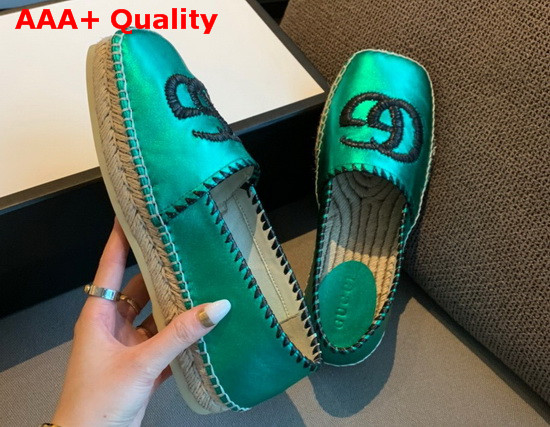 Gucci Metallic Leather Espadrille in Green Metallic Leather with Embroidered Double G Emblem 602508 Replica