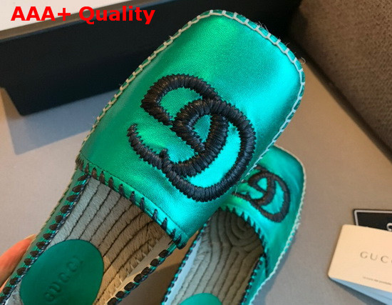 Gucci Metallic Leather Espadrille in Green Metallic Leather with Embroidered Double G Emblem 602508 Replica