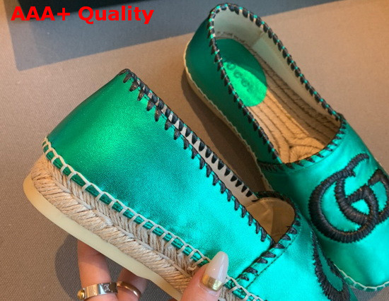 Gucci Metallic Leather Espadrille in Green Metallic Leather with Embroidered Double G Emblem 602508 Replica