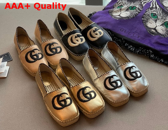 Gucci Metallic Leather Espadrille in Light Gold Metallic Leather with Embroidered Double G Emblem 602508 Replica