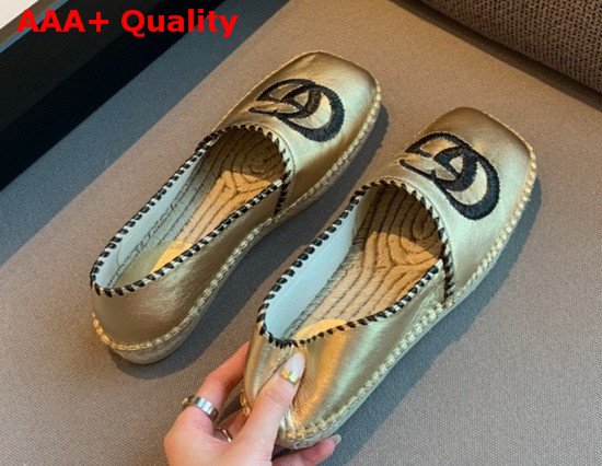 Gucci Metallic Leather Espadrille in Light Gold Metallic Leather with Embroidered Double G Emblem 602508 Replica