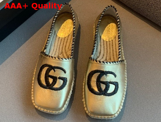 Gucci Metallic Leather Espadrille in Light Gold Metallic Leather with Embroidered Double G Emblem 602508 Replica