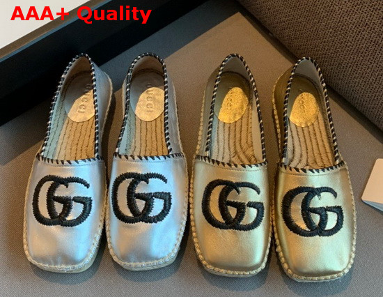 Gucci Metallic Leather Espadrille in Silver Metallic Leather with Embroidered Double G Emblem 602508 Replica