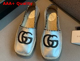 Gucci Metallic Leather Espadrille in Silver Metallic Leather with Embroidered Double G Emblem 602508 Replica