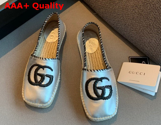 Gucci Metallic Leather Espadrille in Silver Metallic Leather with Embroidered Double G Emblem 602508 Replica