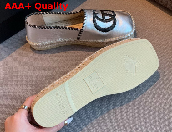 Gucci Metallic Leather Espadrille in Silver Metallic Leather with Embroidered Double G Emblem 602508 Replica