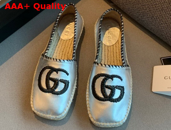 Gucci Metallic Leather Espadrille in Silver Metallic Leather with Embroidered Double G Emblem 602508 Replica