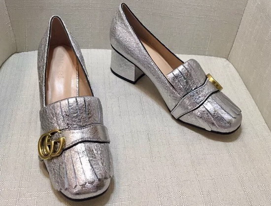 Gucci Metallic Mid Heel Pump in Silver Metallic Laminate Leather 408208