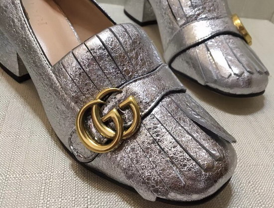 Gucci Metallic Mid Heel Pump in Silver Metallic Laminate Leather 408208