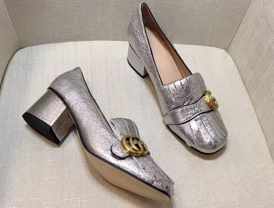 Gucci Metallic Mid Heel Pump in Silver Metallic Laminate Leather 408208