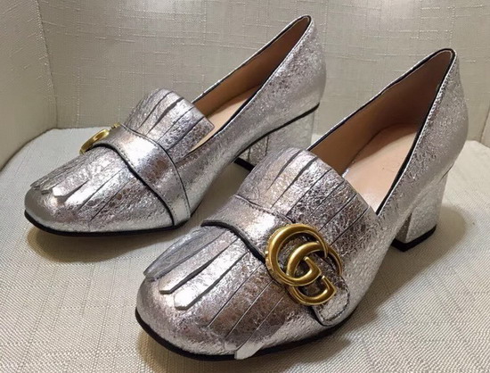 Gucci Metallic Mid Heel Pump in Silver Metallic Laminate Leather 408208