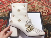 Gucci Mid Heel Ankle Boot White Leather with Gold Thread Embroidered Bees and Stars 551545