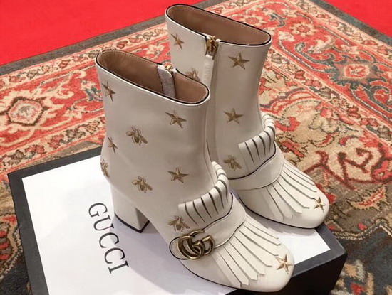 Gucci Mid Heel Ankle Boot White Leather with Gold Thread Embroidered Bees and Stars 551545