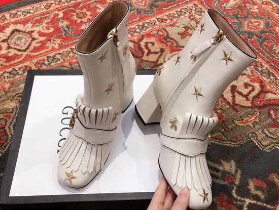 Gucci Mid Heel Ankle Boot White Leather with Gold Thread Embroidered Bees and Stars 551545