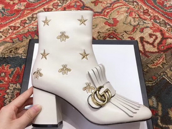 Gucci Mid Heel Ankle Boot White Leather with Gold Thread Embroidered Bees and Stars 551545