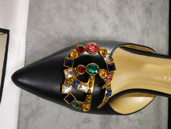 Gucci Mid Heel Slide with Crystal Double G Black Leather