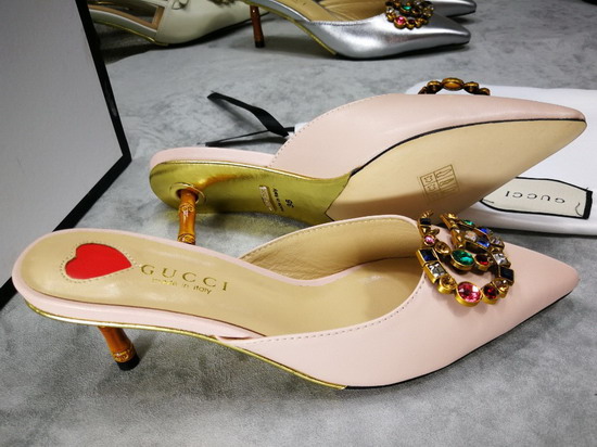 Gucci Mid Heel Slide with Crystal Double G Pink Leather