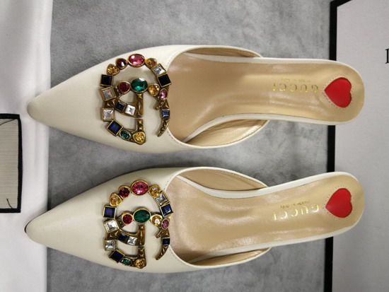 Gucci Mid Heel Slide with Crystal Double G White Leather