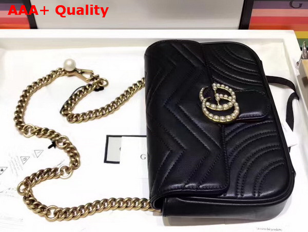 Gucci Mini GG Marmont Matelasse Shoulder Bag in Black with Double G Hardware Enriched with Pearls Replica