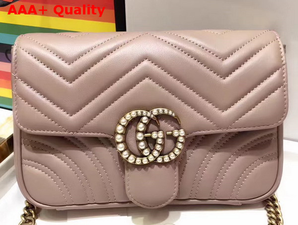 Gucci Mini GG Marmont Matelasse Shoulder Bag in Nude with Double G Hardware Enriched with Pearls Replica