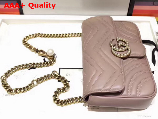 Gucci Mini GG Marmont Matelasse Shoulder Bag in Nude with Double G Hardware Enriched with Pearls Replica