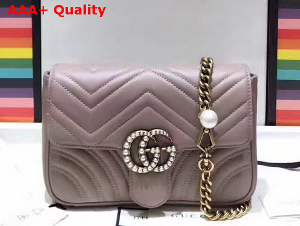 Gucci Mini GG Marmont Matelasse Shoulder Bag in Nude with Double G Hardware Enriched with Pearls Replica