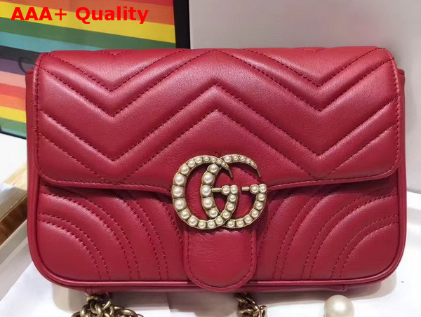 Gucci Mini GG Marmont Matelasse Shoulder Bag in Red with Double G Hardware Enriched with Pearls Replica